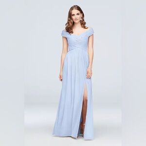 David’s Bridal crisscross off-the-shoulder mesh dress in ice blue